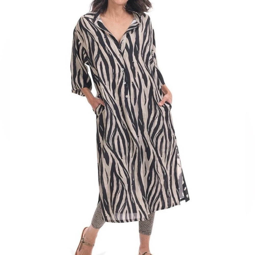 Alembika Shayna Safari Loose Fit Maxi Shirt Dress Pockets Zebra Print Small